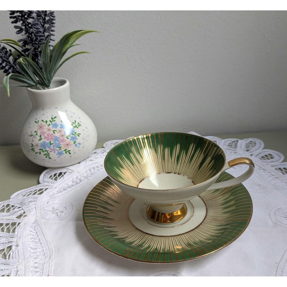 Vintage Bavaria Echtmann Weiden Teacup and Saucer, Emerald Green &‎ Gold Tea Cup